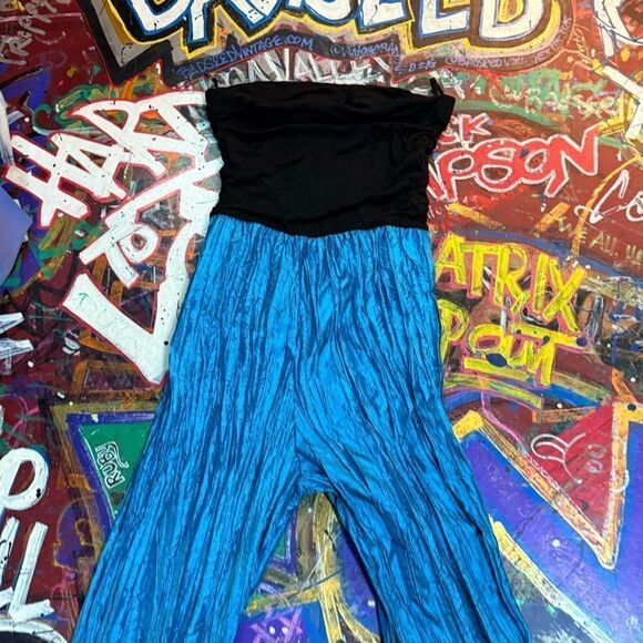 Vintage 80s Coco Avante Crinkle Satin Wide-Leg Jumpsuit – blue, black - Pop Star - Picture 9 of 10